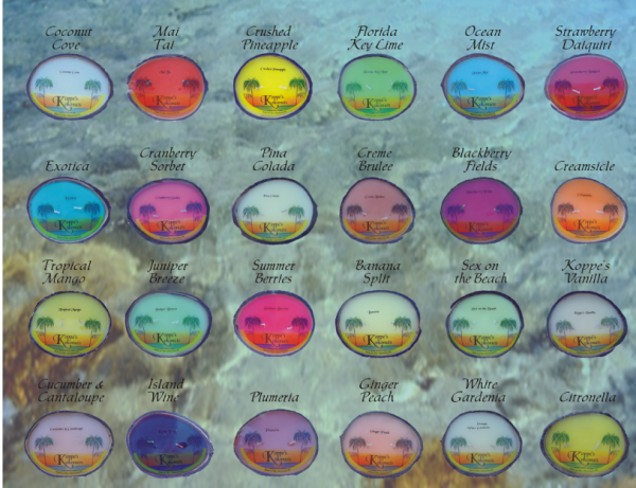 Display of coconut shell candle scents available for the coconut shell candles.